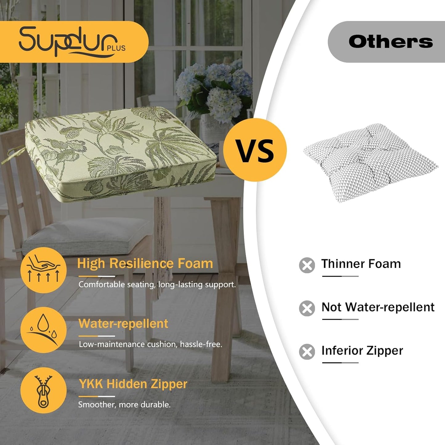 Outdoor Square Corner Seat Cushion, 19"x19"x3", Set of 4, Non Slip Seat Cushion Pads with Removable Cover for Patio Furniture, Garden Yard Lawn, Dark Green Vine