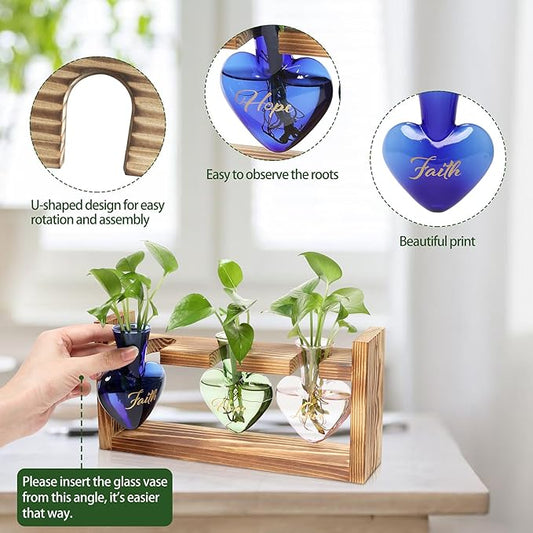 Plant Terrarium Propagation Stations Faith Hope Love Hydroponics Home Garden Decoration Gift for Women with Wooden Stand Heart Shaped Colored Glass Vase