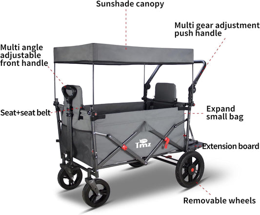 TMZ Collapsible Foldable Wagon Cart with Quick-Release Wheels and 2 Seats, Heavy Duty Wagon 265LBS Load Capacity for Camping Garden Shopping (Grey)