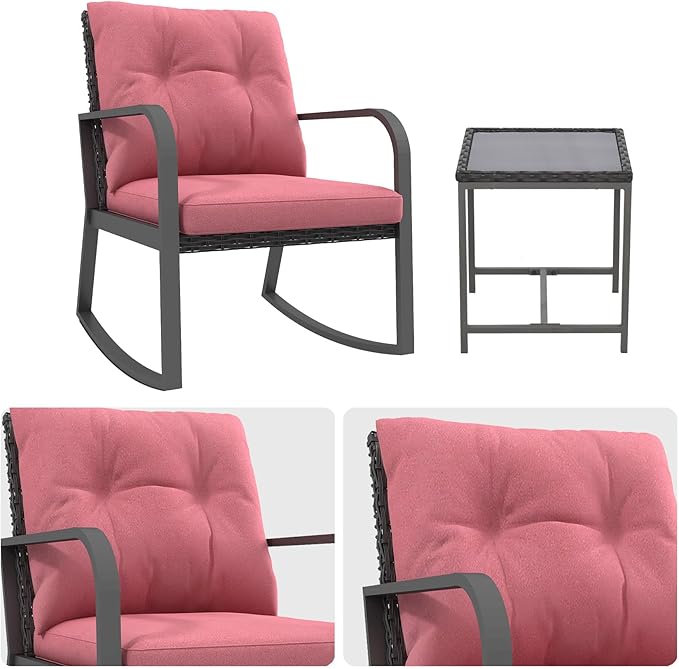 Bistro 3 Piece Patio Furniture Set, Patio Table and Rattan Outdoor Rocking Chairs Set of 2, Outdoor Bistro Conversation Set for Garden, Balcony, Poolside, Backyard, Red