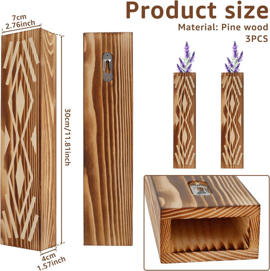 3PCS Wood Wall Planter for Indoor Plants, Wall Planter Vase, Stylish Wood Hanging Vase, Decorative Wood Wall Pocket Vase, Rectangular Hanging Planter for Living Room Bedroom Office(Brown)