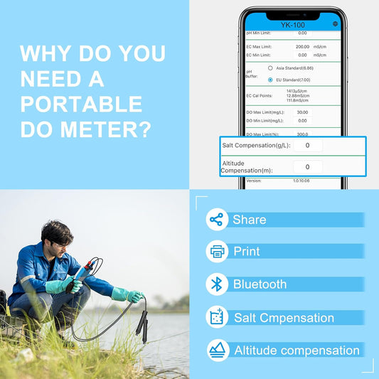 Handheld Dissolved Oxygen Meter, Smart DO Meter with Salinity and Altitude Compensation, Portable 6 in 1 pH DO SALT EC TDS Tester for Koi pond Aquaculture Environment Monitor Scientific Brewing