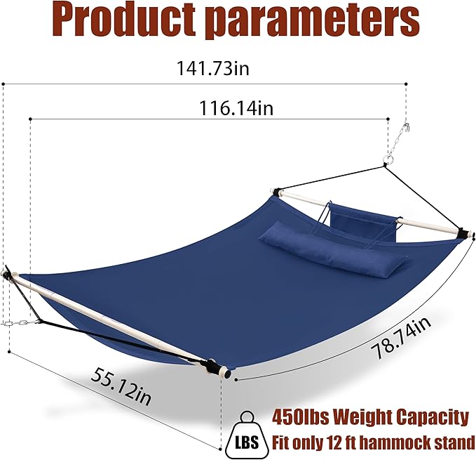 TegerDeger Anti-flip 12FT Hammock Large Hammock 450LB Capacity with Iron Spreader Bar & Nylon Rope for Outside, Patio, Garden, Backyard, Beach - Blue