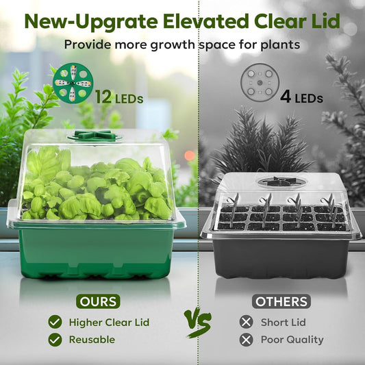 MIXC Seed Starter Kit with Grow Light, Elevated Seedling Tray Kit with Adjustable Humidity Dome and Clear Cell Tray, 12 Full Spectrum Led Beads for Seed Starting Greenhouse, 6 Pack, Green