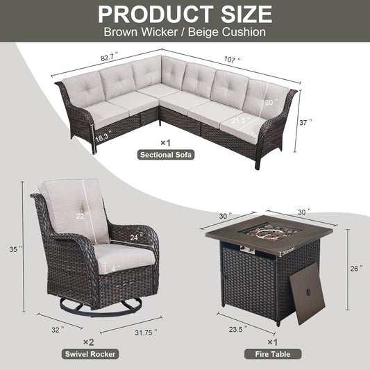 Outdoor Sectional Sofa Furniture Set with Propane Fire Pit Table, Wicker Patio Conversation Set with 2 Swivel Glider Rocker Chairs Beige Cushion Perfect for Backyard Casual Gathering
