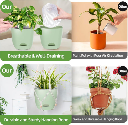 2-Pack 7..1-Inch Self-Watering Hanging Planters for Indoor & Outdoor Plants,34Inch Macrame Hanger Plant Pots Indoor with Drainage,Small Hanging Planters & Baskets,With Two Sets of Hooks(Pure green)