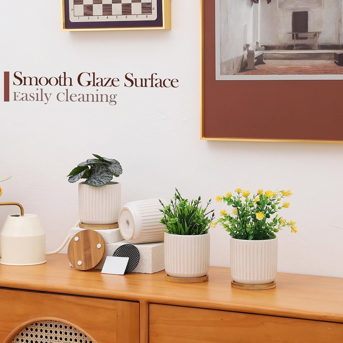 OMAYKEY 4 Inch Ceramic Plant Pot with Saucer, Creative Stripe Small Planters Pots with Drainage Hole and Mesh Pads for Succulent, Cactus, Herbs, White - Set of 4