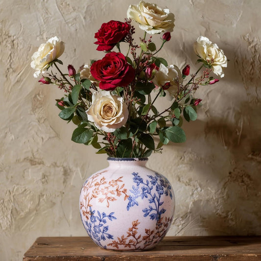 Blue-and-White Vintage Round vase, Chinese-Style Porcelain Blue vase, Suitable for Home Decor, Living Room Coffee Table, Office, Rustic Farmhouse Dining Table Centerpiece, and Tabletop Decoration.