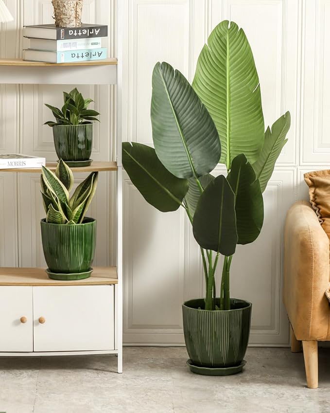 ADN Large 10 Inch Plant Pot Ceramic Planter Indoor Ceramic Pot with Drainage Hole and Saucer for Plants and Flowers, Green