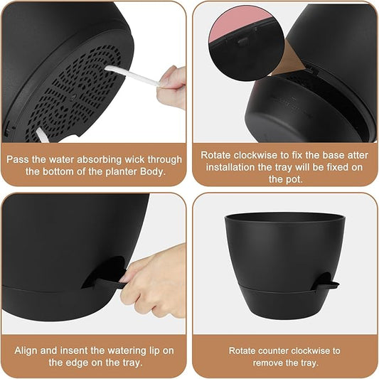 Plant Pots 10/9/8/7.5/7 Inch Self Watering Pots, Set of 5 Plastic Planters with Drainage Holes and Saucers,Plastic Flower Pots,Nursery Planting Pot for Indoor Out Door Plants(All Black)