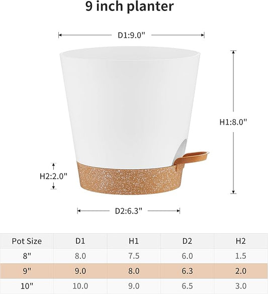 FaithLand 2-Pack 9 Inch Planter Pots for Indoor Outdoor Plants, Self Watering Flower Pots with Deep Reservoir, White with Terracotta …