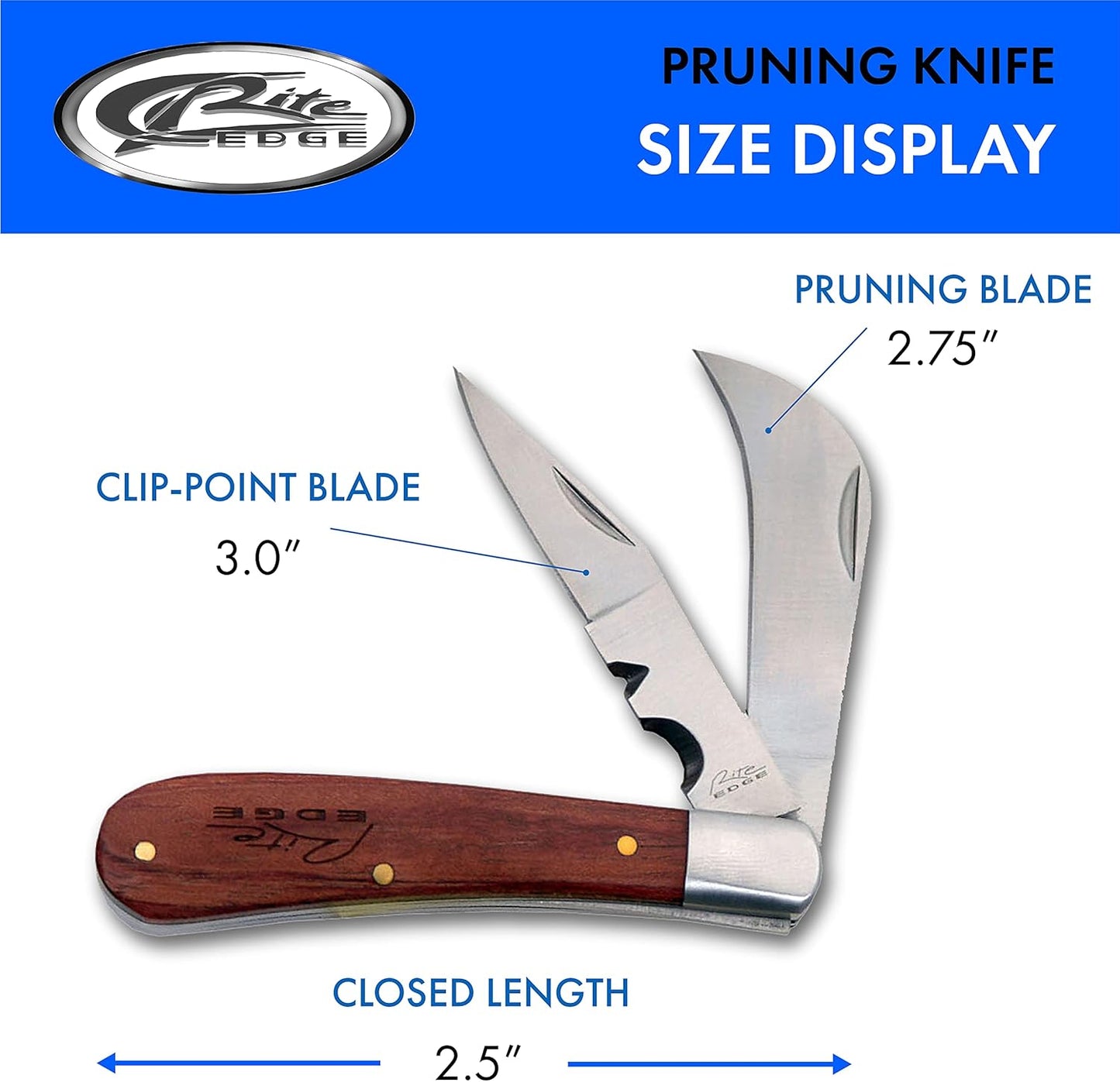 Rite Edge 4" Folding Pruning Knife – Dual Blade Pocket Knife for Men with Wood Handle, Clip Point & Curved Pruning Blade – Small Folding Pocket Knife for Gardening, Outdoor, and Everyday Carry (EDC)
