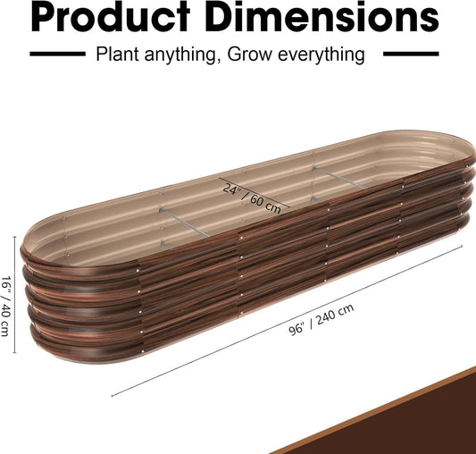 8x2ft Oval Galvanized Raised Garden Bed Kits 16" Tall Outdoor Large Metal Modular Planter Box 9-in-1 Raised Beds for Gardening,Vegetables,Fruits,Flowers & Herbs (Brown)