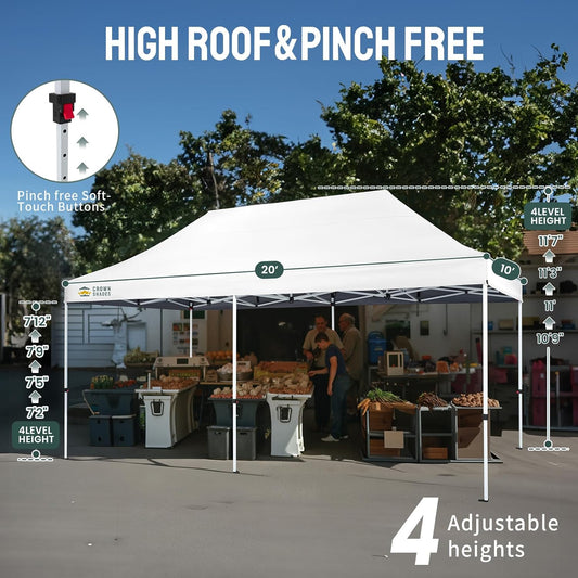 CROWN SHADES 10x20 Pop Up Canopy Tent - Commercial Canopy Tent with 400D Strength Oxford Fabric, Hexagonal Leg, 4 Upgraded Weights - Great for Trade Shows, Events, Parties & Commercial Use, White