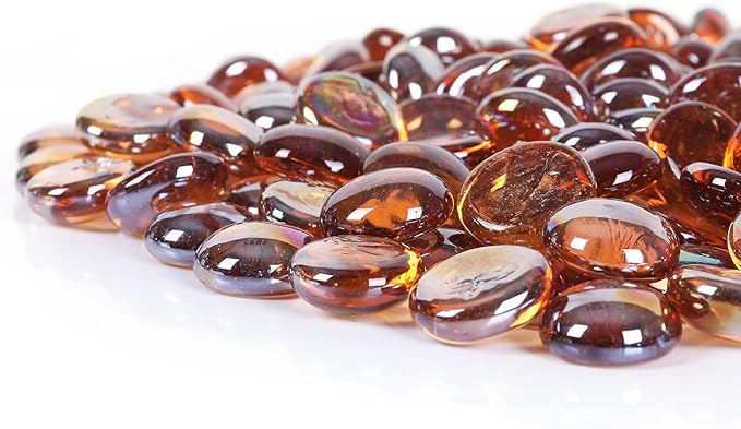 5LB Fire Glass Beads Flat Glass Marbles for Outdoor Fire Pit and Fireplace, Glass Gemstones for Vase Filler, Aquariums, Hydroponics Plants, Home Decor and Christmas DIY Craft, Amber