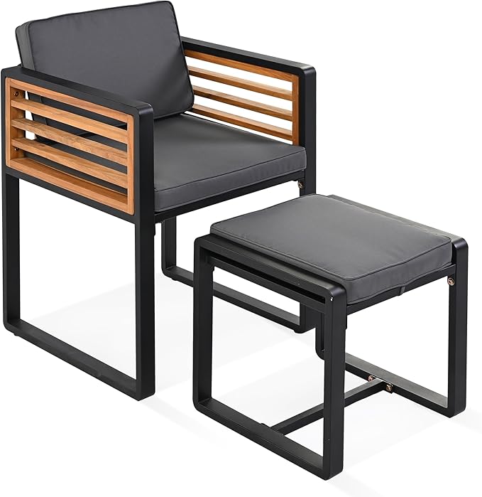 Merax 18 Pieces Outdoor Dining Set for 16 People, Acacia Wood Patio Furniture Sets with 2 Square Tables, 8 Cushioned Chairs and 8 Ottomans for Backyard, Garden, Lawn, Poolside, Gray