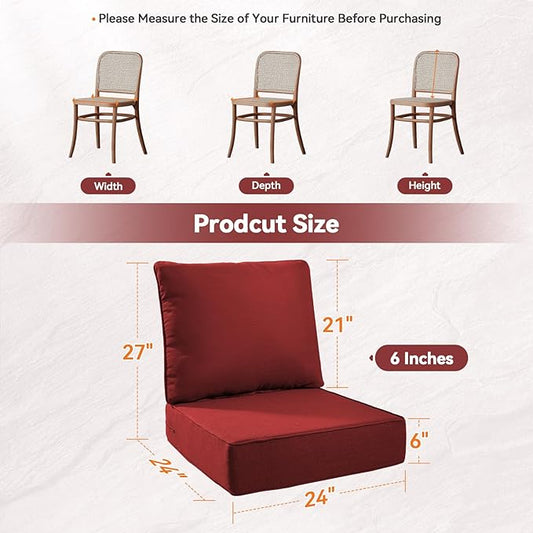 Luxury 6" Outdoor Cushions for Patio Furniture, 24x24x6" Thick Seat Cushion Set of 8, Fade Resistant Couch Chair Replacement Cushions High Density Deep Wicker Chair Cushion w/ Removable Cover, Red