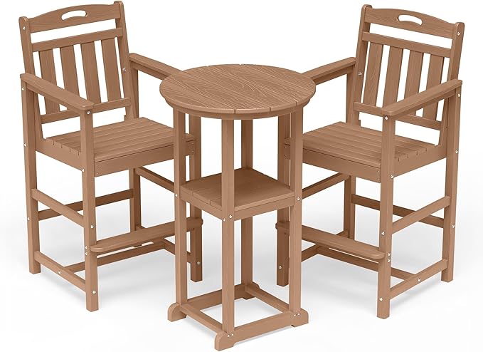 HDPE Outdoor Patio Bar Set with Bar Height Table and 2 Adirondack Chairs, All-Weather High Top Outside Round Pub Furniture for Bistro, Garden, Backyard, Deck | 3-Pieces, Teak