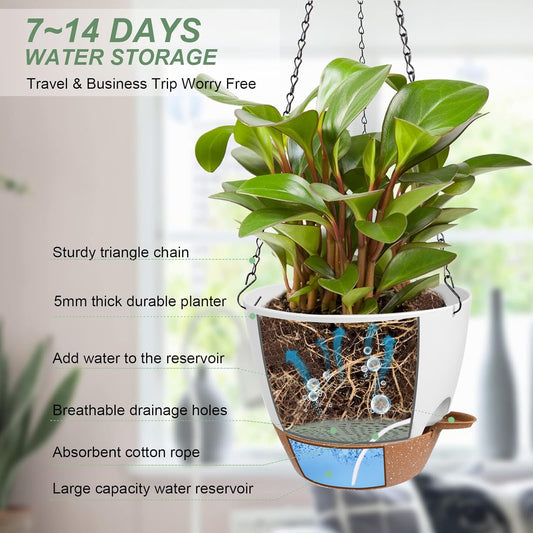 Hanging Planters for Indoor Outdoor Plants, 2 Pack Self Watering Hanging Pot with Drainage Holes & Removable Tray (White, 10'')