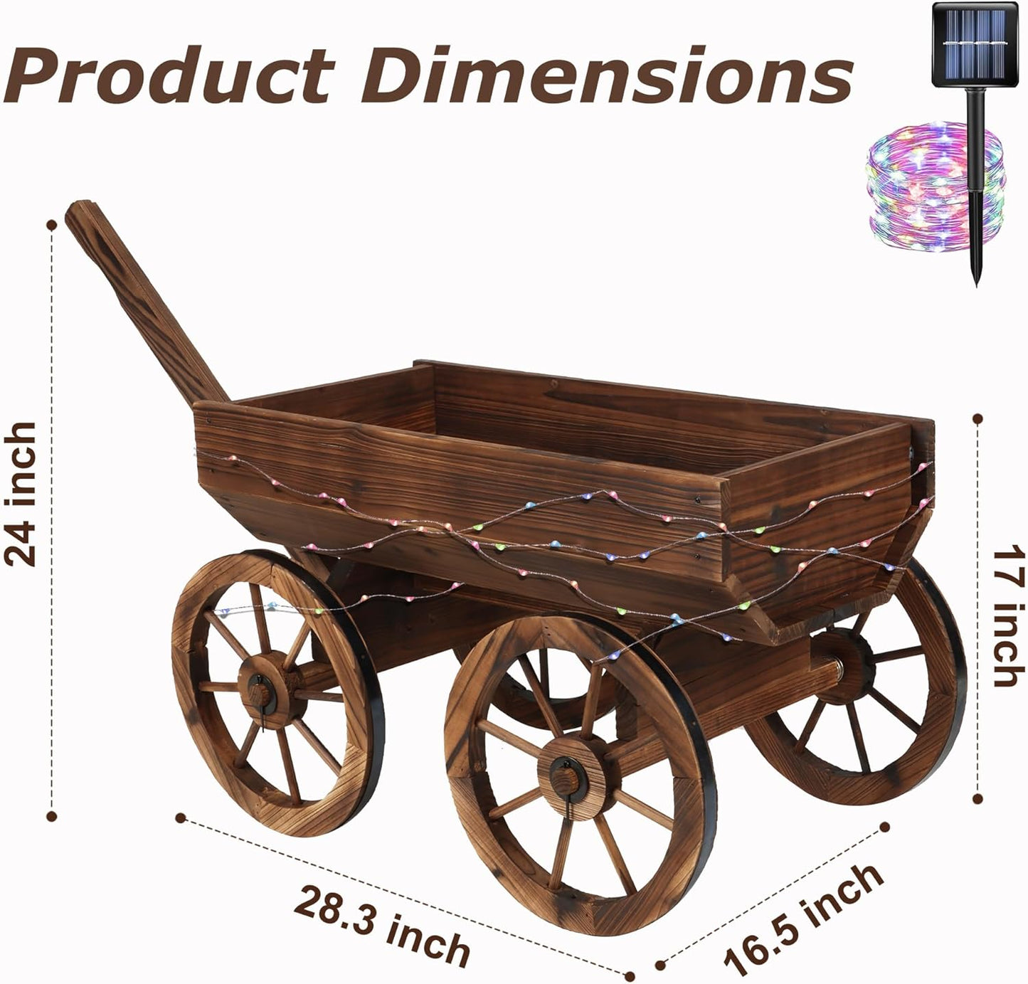 Garden Wooden Decor Rustic Flower Pot,Planters Wagon Indoor Outdoor Backyard Balcony Decor,for Outside Garden Decor Wheelbarrow Planter for Patio (Wooden Wagon with Light)