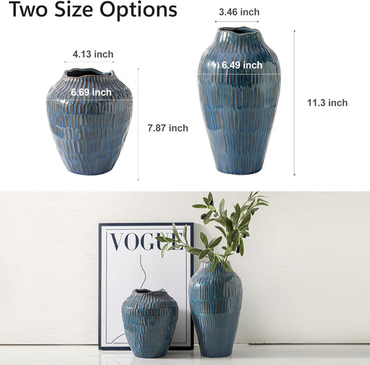 Blue Ceramic Vase for Home Decor,7.8 Inch Flower Vases,Decorative Vase for Pampas Grass,Modern Art Texture Vases for Home Entryway Living Room Dining Table Farmhouse Office Decor- Blue