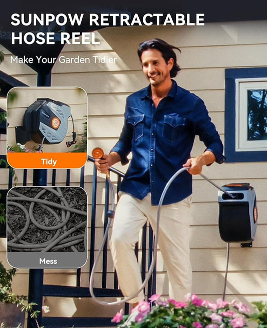 SUNPOW Retractable Garden Hose Reel - 1/2 inch x 115ft Wall Mounted Hose Reel with 3/4 inch Brass Fitting & 10 Function Sprayer Nozzle - Any Length Lock, Auto Rewind System, 180°Swivel Bracket- Grey