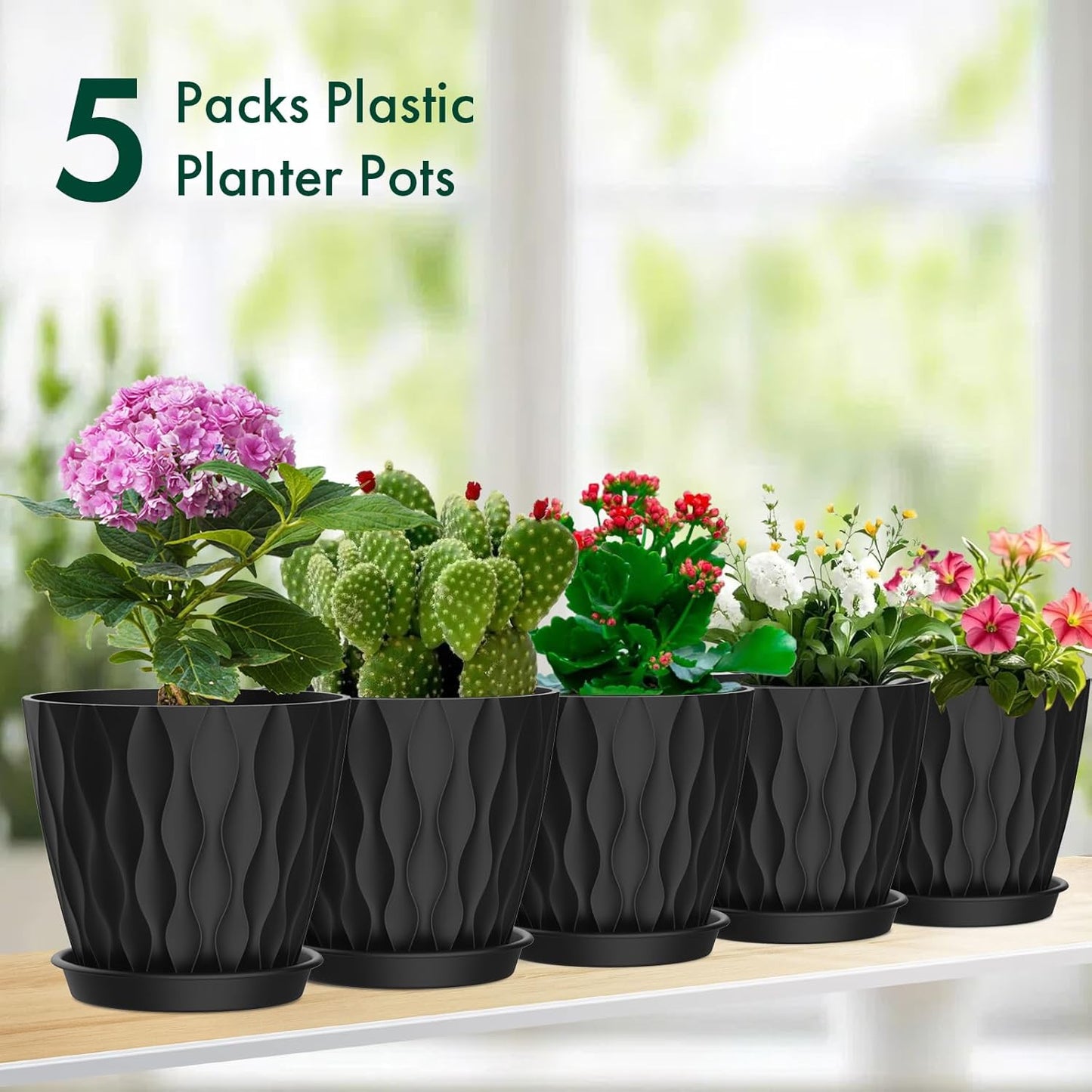 4 inch Small Plastic Nursery Pots, Seedling Pots, 5 Set Water Ripples Plant Pots for Indoor Plants, Flower Pots with Drainage Holes and Saucers, Seed Starter Pots for Succulent Plants, Black