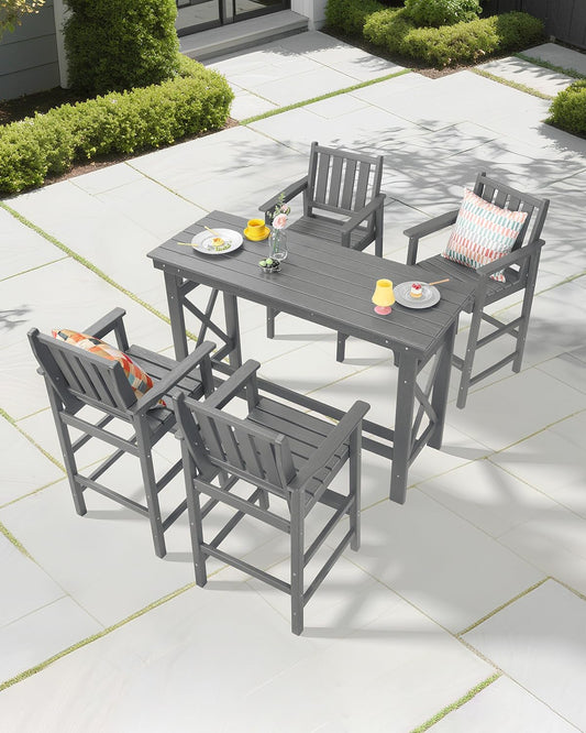 5-Piece HDPE Patio Bar Set, Rectangular Bar Height Table and 4 Adirondack Bar Chairs, Weatherproof Outdoor Bar Stools Set, Outdoor Bar Table and Chairs Set for Deck, Balcony, Pool, Smoke Gray