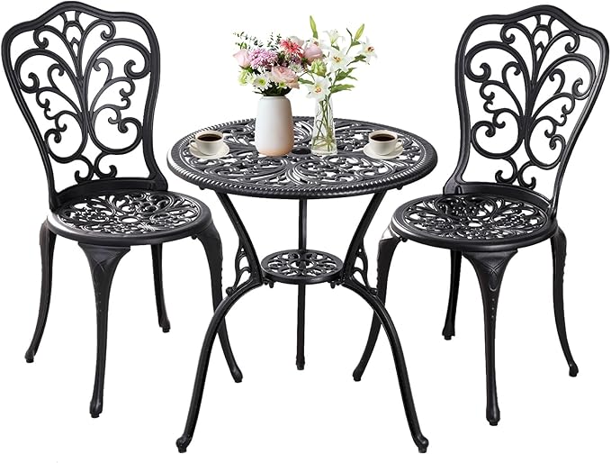 Patio Bistro Set 3 Piece Outdoor,Cast Aluminum Outdoor Bistro Table and Chair Set of 2 with 1.97" Umbrella Hole,All Weather Bistro Table Set for Front Porch Set(Butterfly Black)