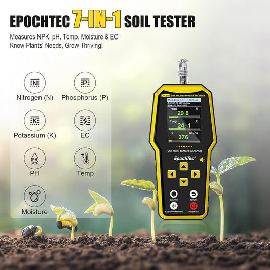 7 in 1 Soil Tester, ±1% High Precision Digital NPK Tester/Soil Moisture Meter/PH Tester/Temperature/EC Monitor for Agriculture, Plant Cultivation, Geological Survey with Data Storage & Export