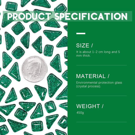 Swpeet 1 Pound Deep Green Shine Crystal Series Mosaic Tiles Assortment Kit, Square and Triangle Genuine Mosaic Tiles Glitter Crystal Mosaic Perfect for Home Decoration Crafts