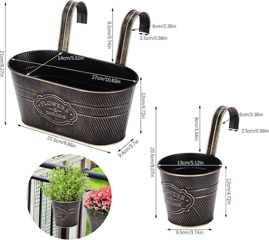 PerGar Vintage Metal Iron Wall Hanging Flower Pots, Rustic Planter Bucket Herb Flower Plant Holder with Detachable Hooks & Drainage Hole for Railing Fence Balcony Deck Garden Home Decoration, Set of 3