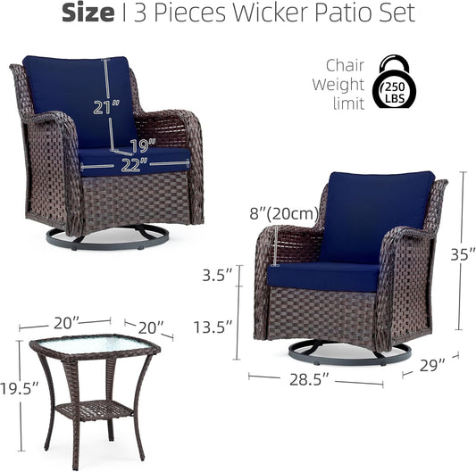 Towallmark Outdoor Swivel Wicker Glider Patio Chairs with Table Set, 3 Pieces Outdoor Bistro Set with 4”Thick Cushions and Coffee Table for Porch, Balcony, Deck (Blue)