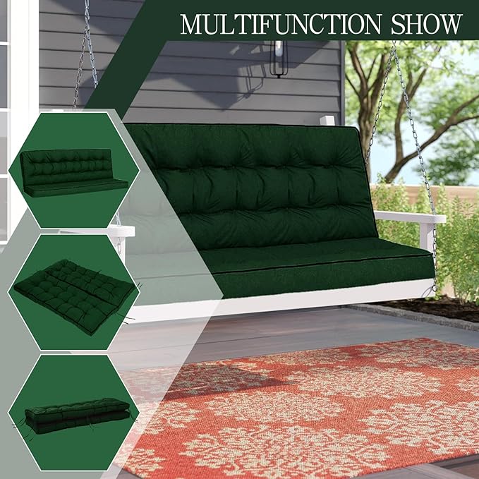 Swing Replacement Cushions with Backrest, 2 or 3 Seater Waterproof Non-Slip Overstuffed Swing Pad, Indoor/Outdoor Bench Cushion for Porch Chair Swing Garden Furniture (Dark green, 40 * 63 in)