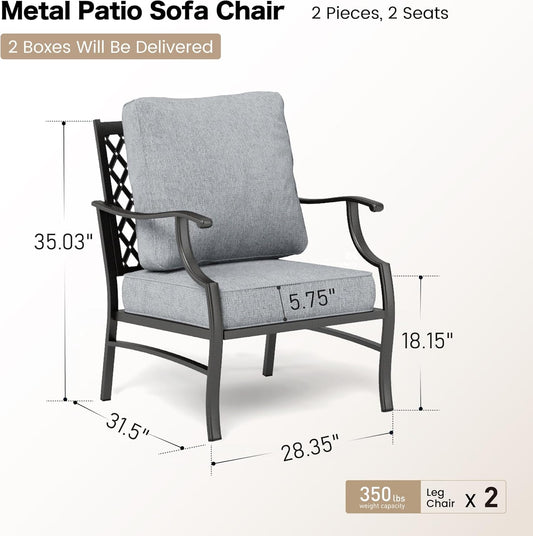 Metal Patio Chairs Set of 2 with 5.75" Extra Thick Cushion, 2 Pieces High Back Outdoor Patio Chairs All Weather Outdoor Furniture Seating for Deck Backyard Balcony Front Porch, Gray