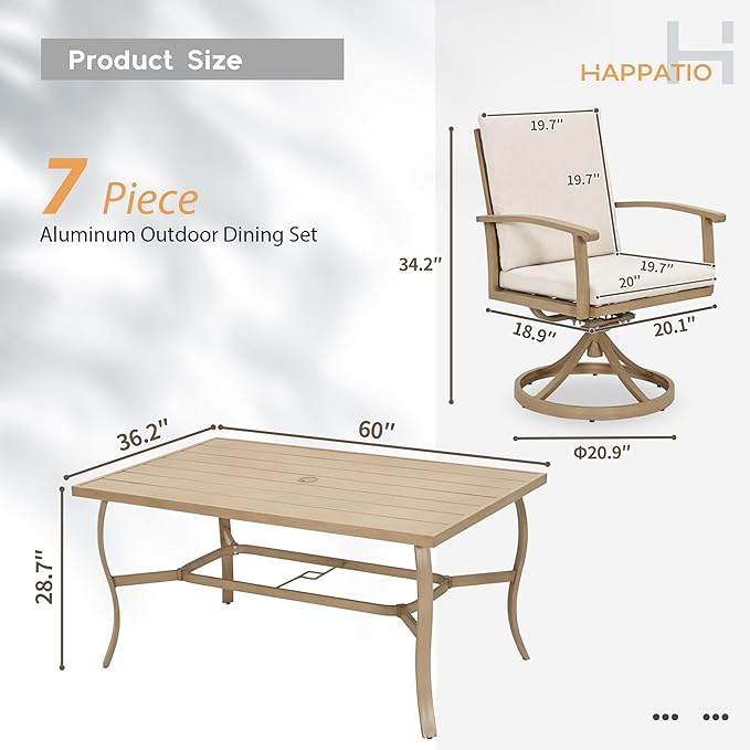 HAPPATIO 7 Piece Patio Swivel Dining Set, Aluminum Outdoor Dining Set for 6,Dining Table and Chairs Set, Patio Dining Furniture with Aluminum Table, Swivel Chairs and Washable Cushions (Beige)