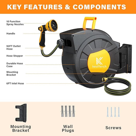 Retractable Hose Reel, 1/2 Inch x 98 FT Compact Water Hose Reel Wall Mounted Garden Hose Reel with 10 Pattern Nozzles, Any Length Lock, Slow Rewind Storage, 180°Swivel Bracket