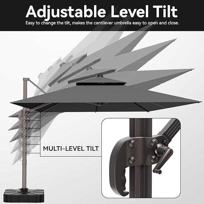 9x12 FT Patio Umbrella with base, Large Cantilever Rectangular Double Top Heavy Duty Offset Umbrellas with 360° Rotation, Outdoor shade for Garden Deck Pool, Gray
