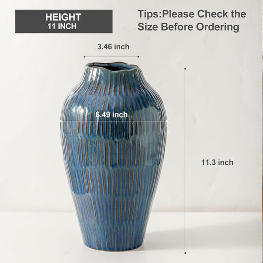 Blue Ceramic Vase for Home Decor,11.6 Inch Flower Vase,Decorative Vases for Pampas Grass,Modern Art Texture Vases for Home Entryway Living Room Dining Table Farmhouse Office Decor-Blue