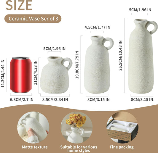 Ceramic Vase Set of 3 with Handle, Neutral Rustic Vases Home Decor Farmhouse Decorative Vase Whitewashed Pottery Decor Modern for Table Mantel Entryway Bookshelf Living Room Kitchen Bedroom - White