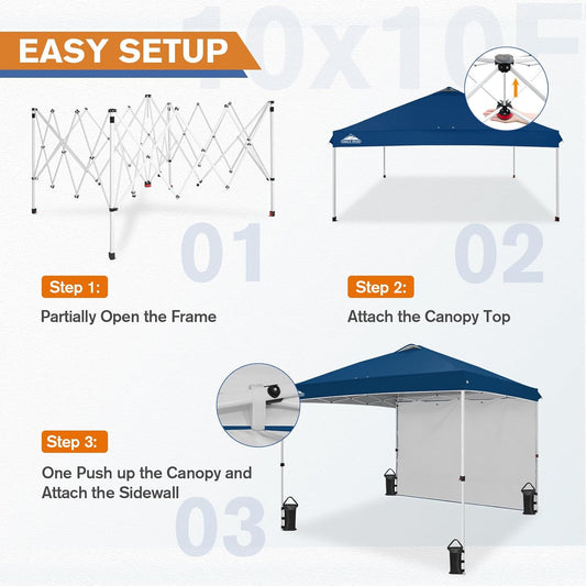 EAGLE PEAK Pop Up Canopy Tent with 1 Sidewall, Easy Setup Event Tent, Outdoor Sun Shade, Wheeled Carry Bag, Stakes and Guy Ropes, Instant Canopy 10x10, Dark Blue
