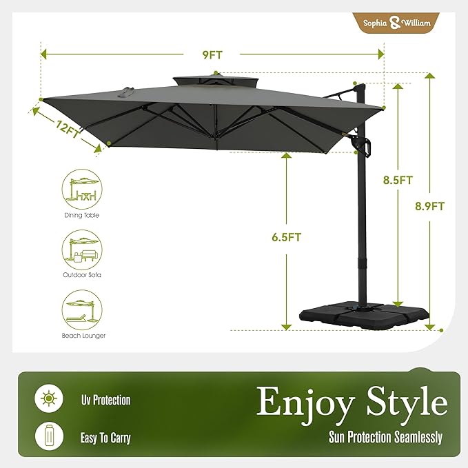 Sophia & William 12ft Cantilever Patio Umbrella with Base, Large Rectangular Umbrellas with 360-degree Rotation, Aluminum Pole for Garden Pool Backyard, Grey