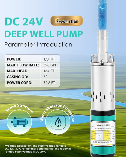 24V DC Deep Well Pump Solar Submersible Water Pump, Max Head 164 FT, Max Flow Rate 6.6 GPM, Stainless Steel Screw Pump for Well, Livestock, Water Reservoir
