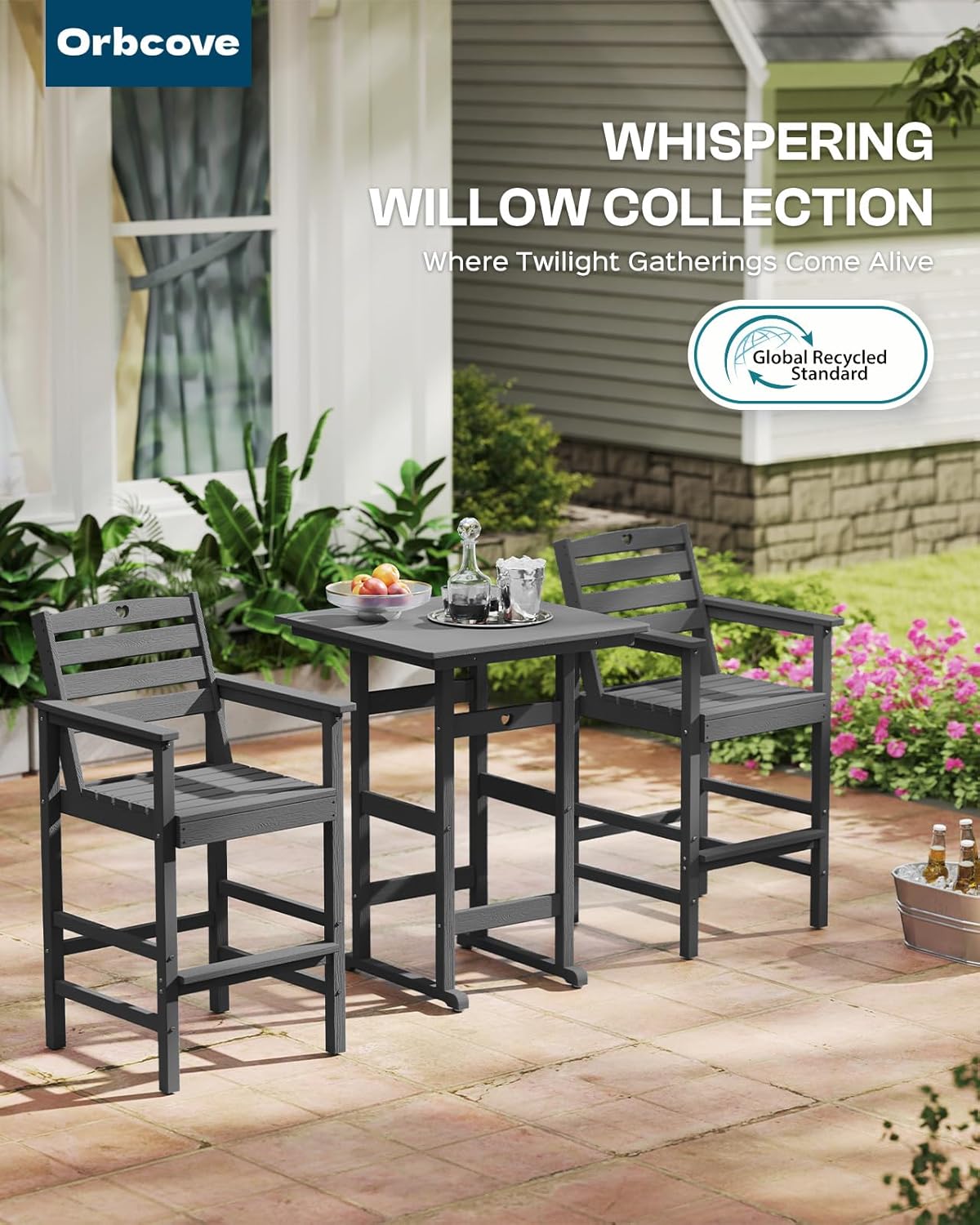 5-Piece Bar Height Outdoor Table and Chairs Set, HDPE Wood Grain Patio Bar Table and Chairs with Heart Cutout Design, Weather-Resistant Bar Height Furniture for Deck, Porch, Pool (Grey)