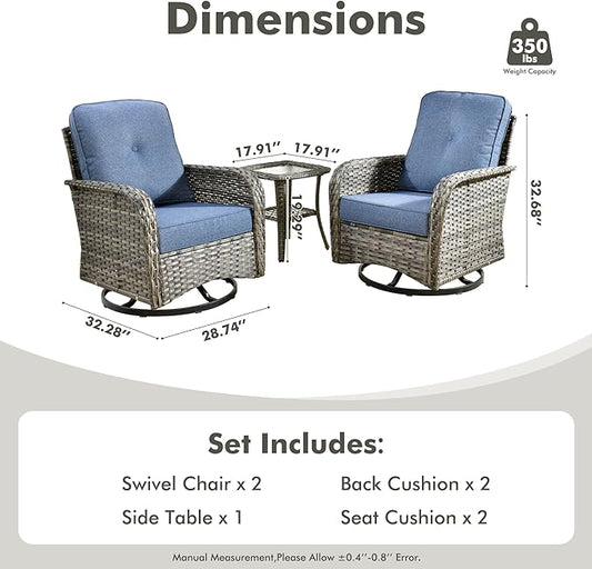 3-Piece Swivel Rocking Rattan Chair Outdoor, Patio Bistro Furniture Conversation Set, Wicker Chair with Coffee Table Blue