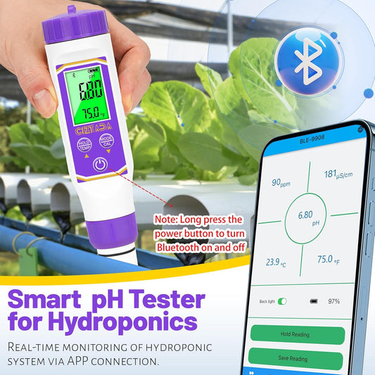 Smart pH Meter for Water pH and EC Meter for Hydroponics Nutrients Digital pH and PPM Tester for Reservoir Water 4 in 1 pH EC TDS Temp Tester for Indoor Plant Growing, DWC, Pool, Aquariums