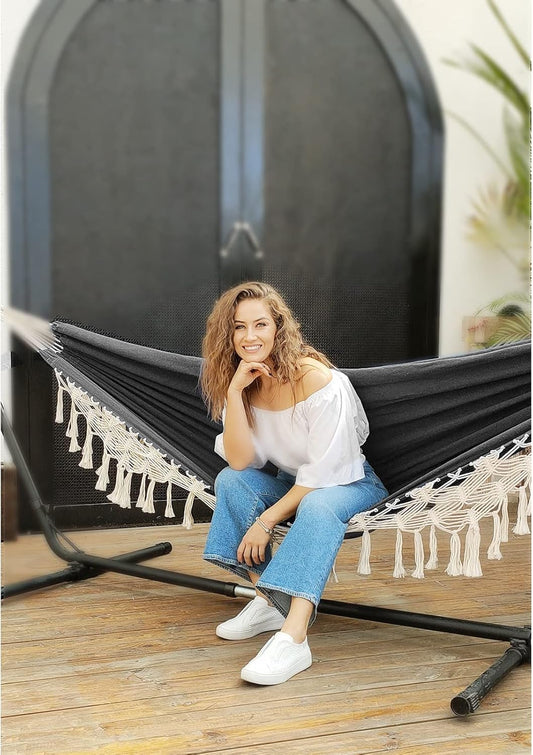 Anyoo Cotton Hammock - Comfortable & Elegant Deluxe Hammock with Tassels - Supports Up to 450lbs - Portable with Travel Bag for Porch, Patio, Yard, Bedroom & Outdoor/Indoor