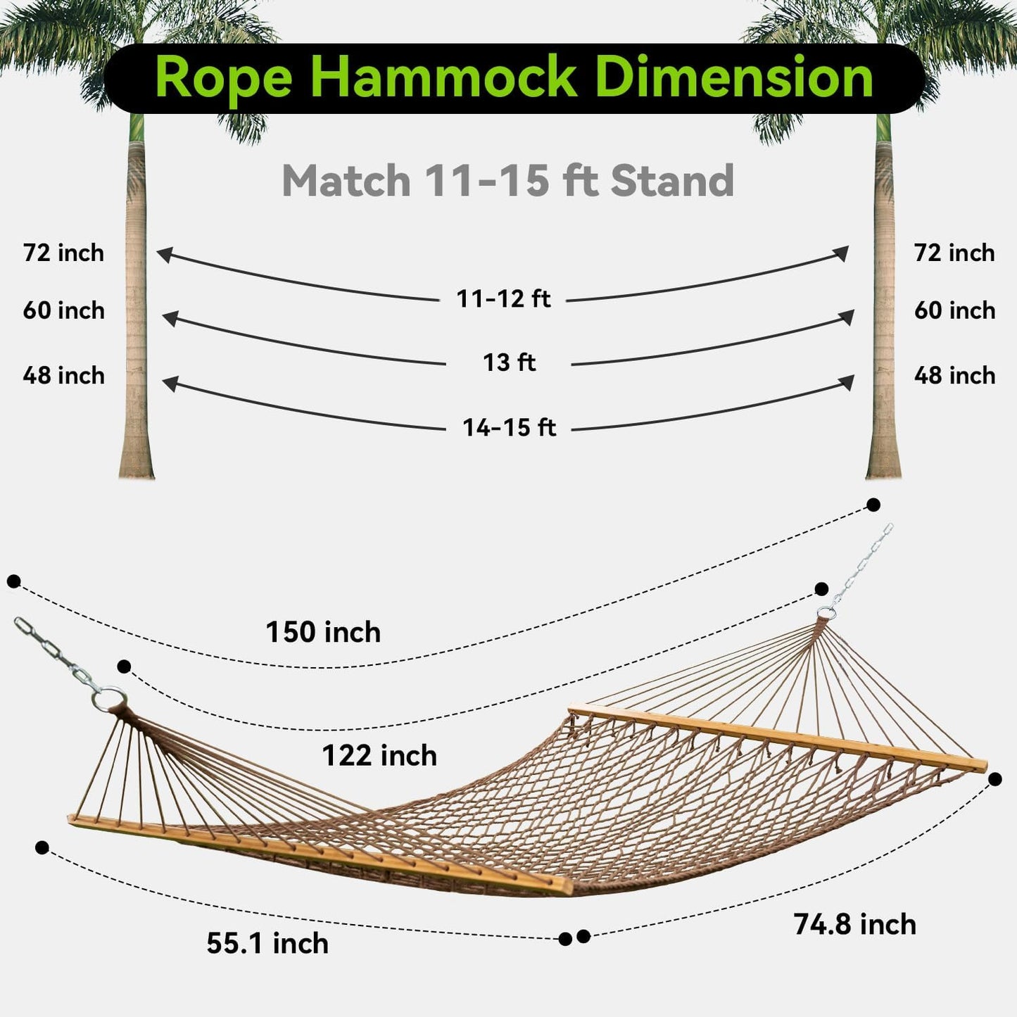 Double Hammock for 2 Person, Handwoven Cotton Rope Hammock with Spreader Bar - Indoor & Outdoor Use for Patio, Poolside, Backyard (Brown)