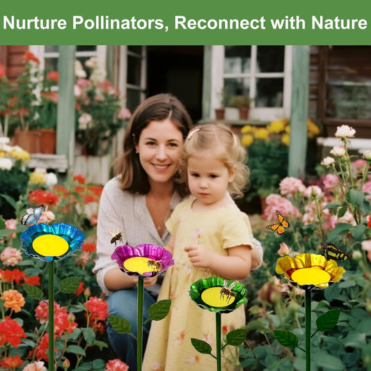 4 Pack Bee Watering Station, Metal Flower Stakes with Float, Pollinator Watering Station for Bees & Butterflies Feeder Outdoor Garden Decor