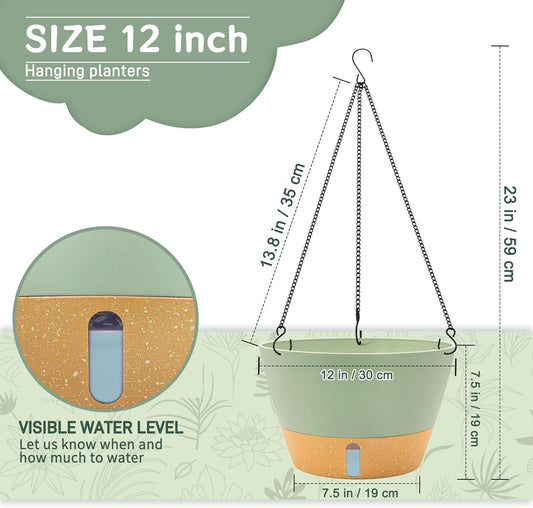 ZMTECH 12 Inch Hanging Planters for Indoor Plants, 2 Pack Self Watering Hanging Planter with Visual Reservoir, Hanging Pots for Plants Outdoor with Drainage Hole and Plant Hanger(Green)